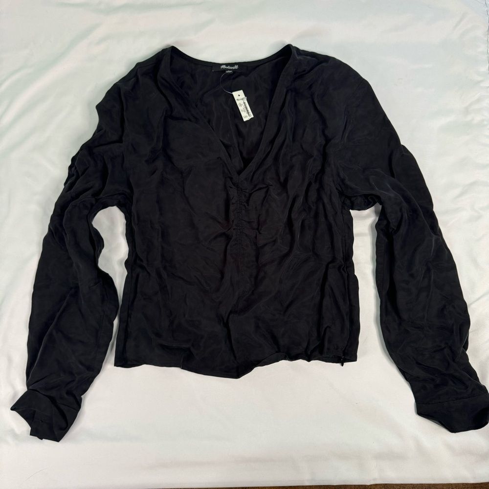 Madewell Brushed Ruched-Front Top Black Size 00 Retro Casual Long Sleeve V Neck